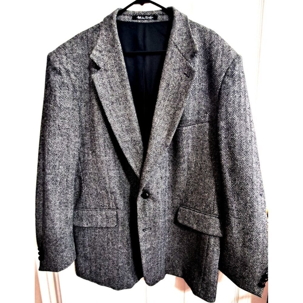 Robert Stock 48R Black Herringbone Single Breasted Wool Blazer Missing 1 Button